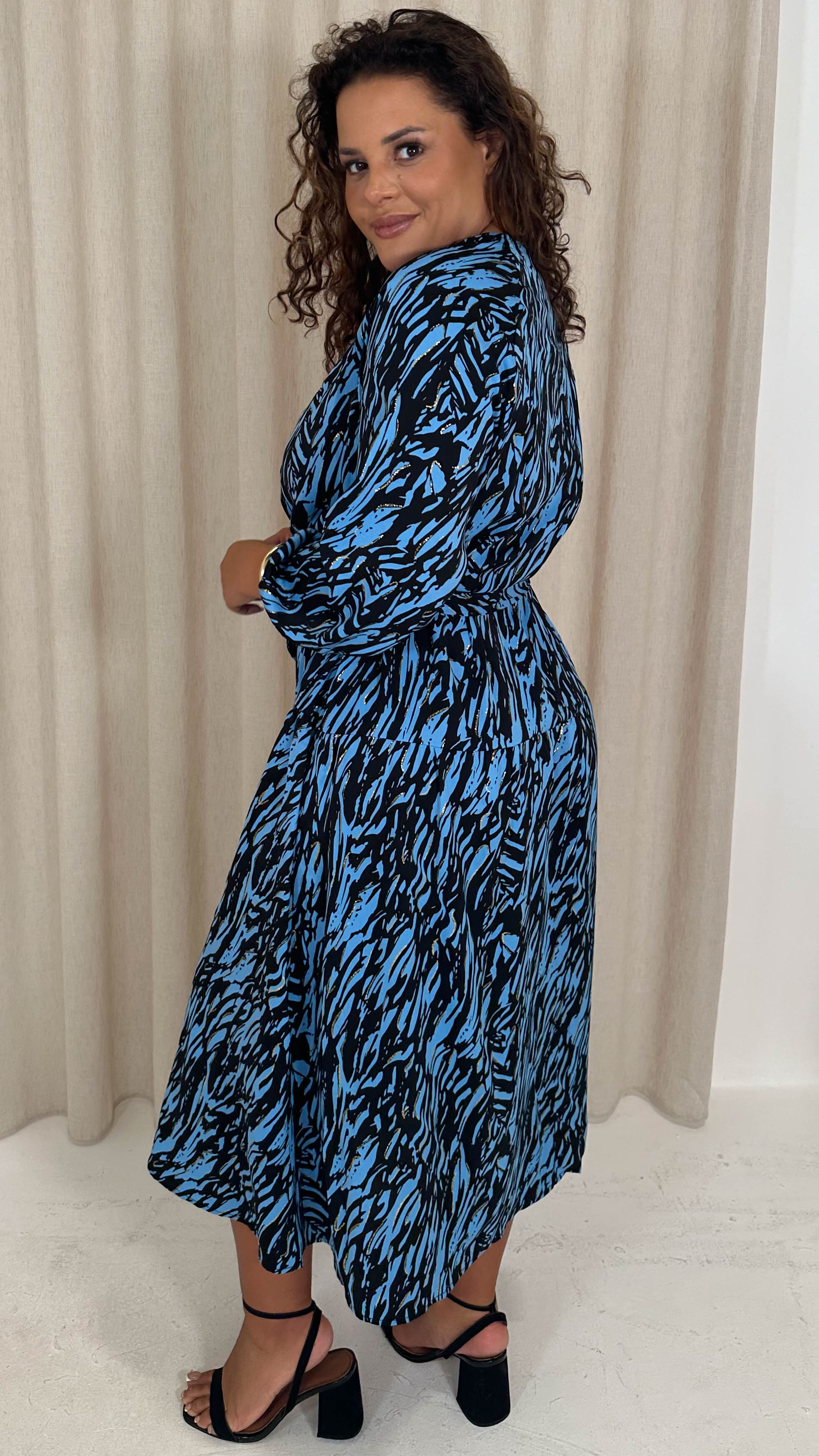 CurveWow Tiered Midaxi Dress Blue Zebra