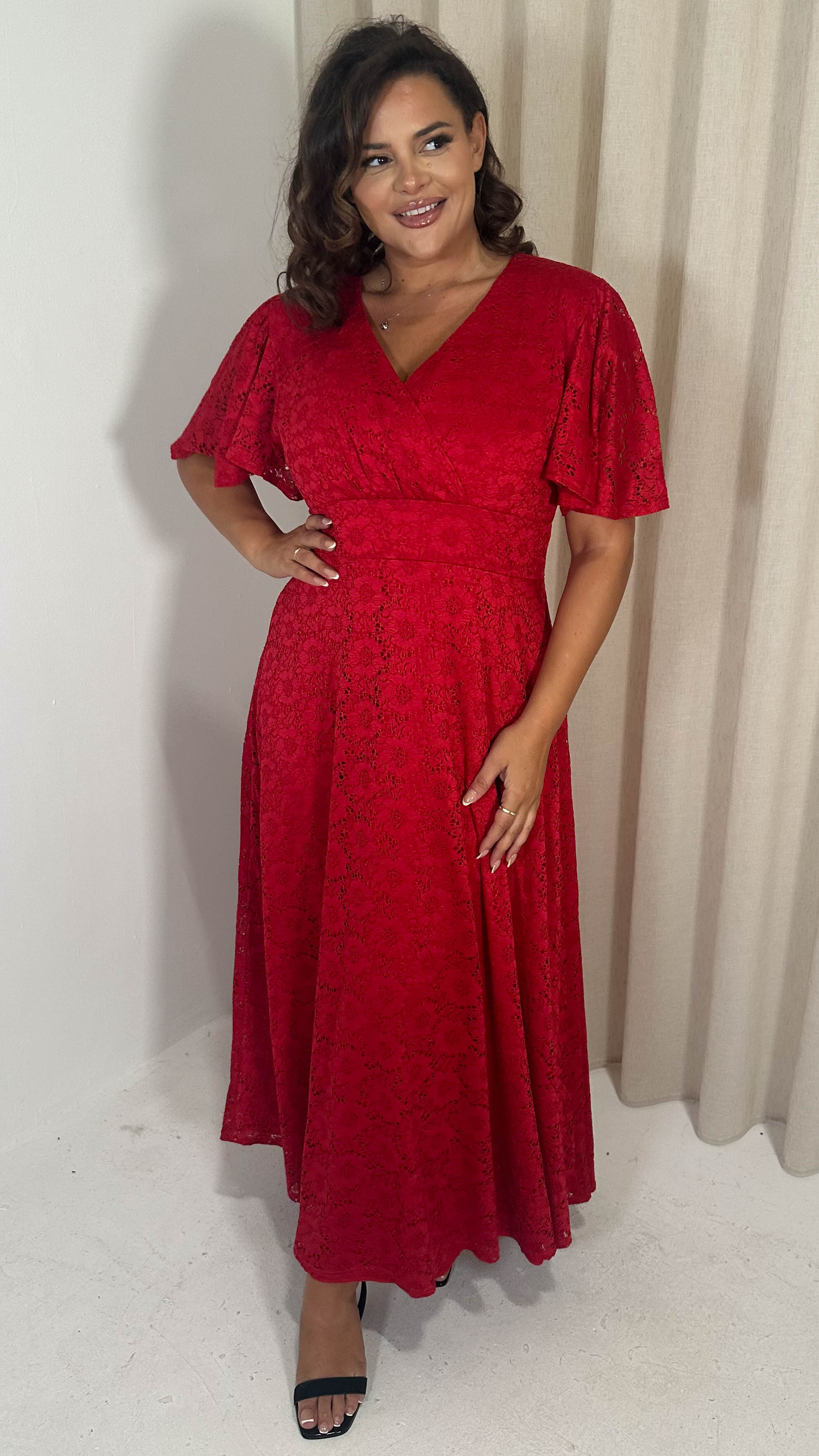 CurveWow Lace Angel Sleeve Maxi Dress Red