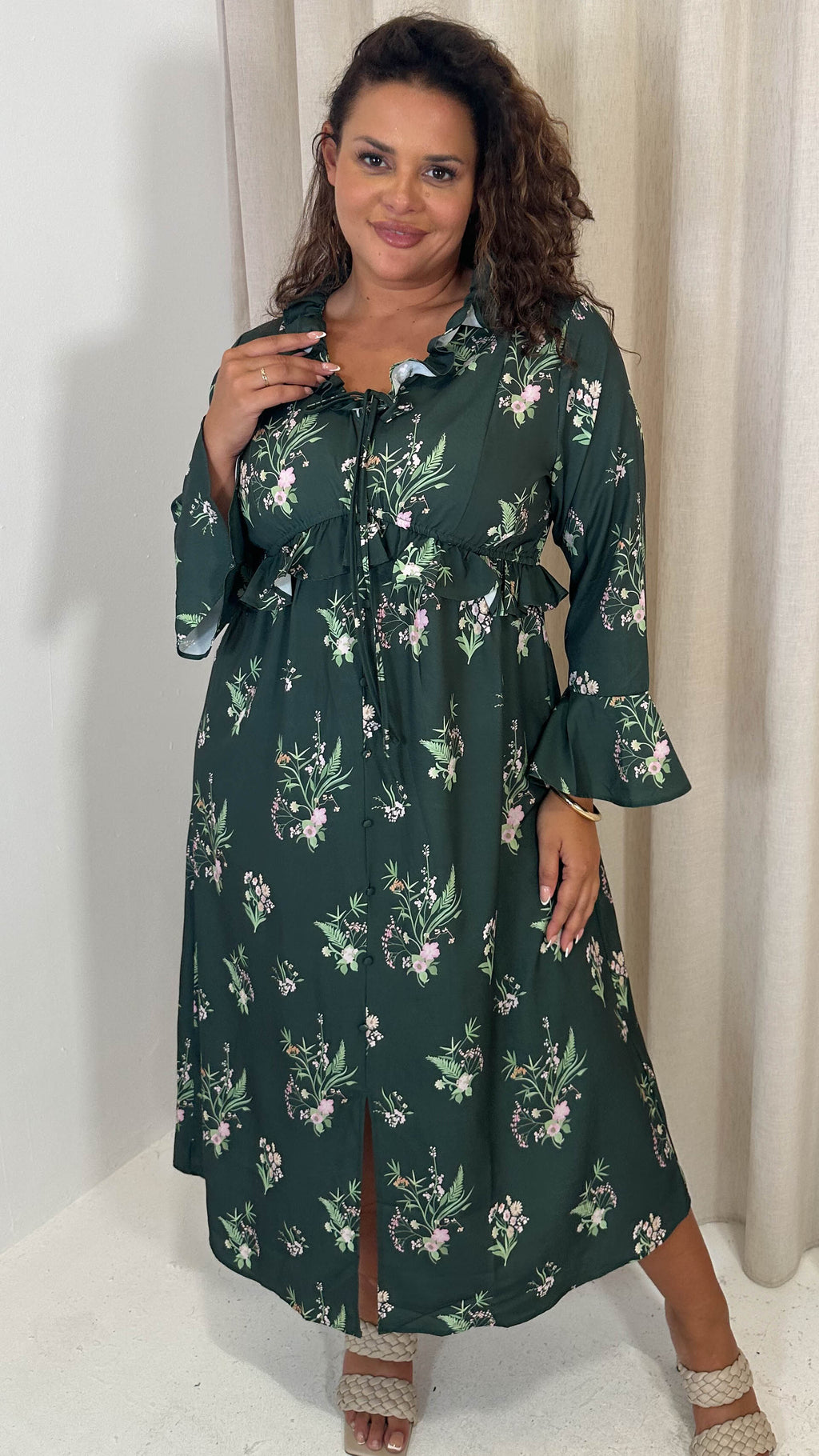 CurveWow Ruffle Button Front Flare Sleeve Midi Dress Green Floral