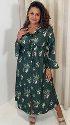 CurveWow Ruffle Button Front Flare Sleeve Midi Dress Green Floral