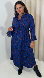 CurveWow Ruffle Button Front Flare Sleeve Midi Dress Blue Animal