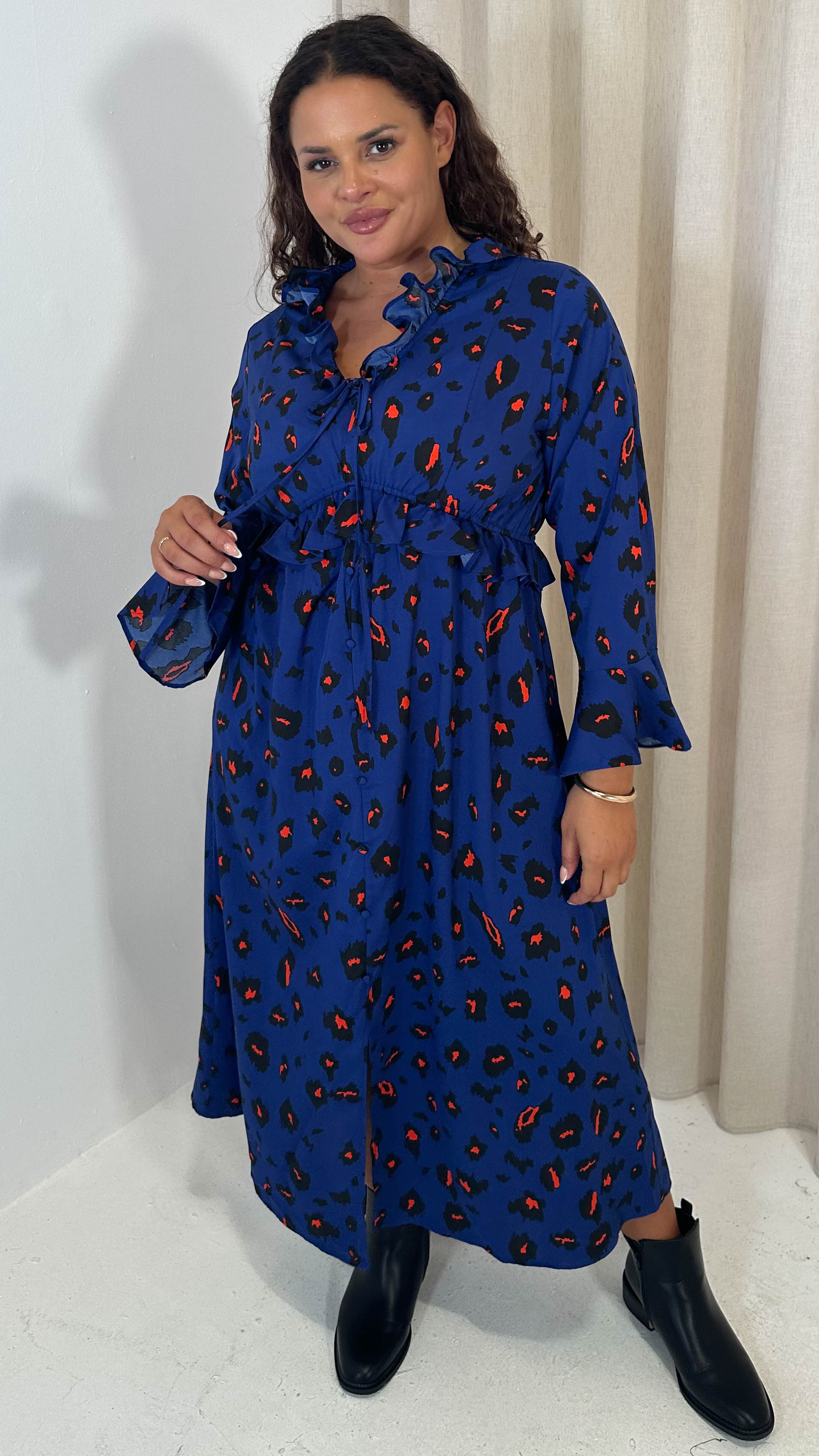 CurveWow Ruffle Button Front Flare Sleeve Midi Dress Blue Animal