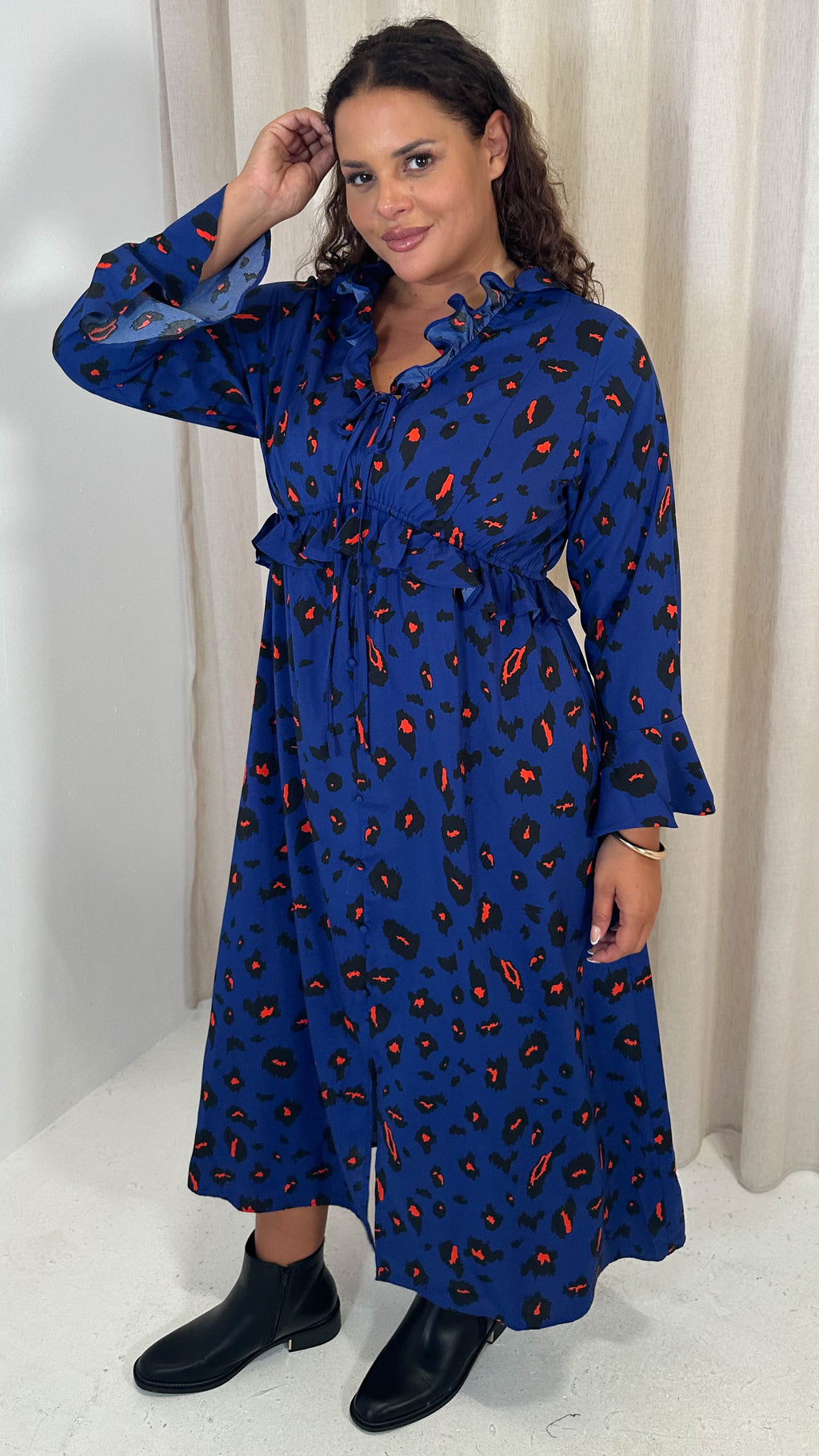 CurveWow Ruffle Button Front Flare Sleeve Midi Dress Blue Animal