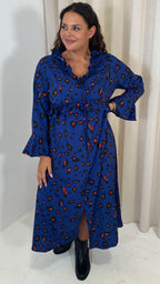CurveWow Ruffle Button Front Flare Sleeve Midi Dress Blue Animal