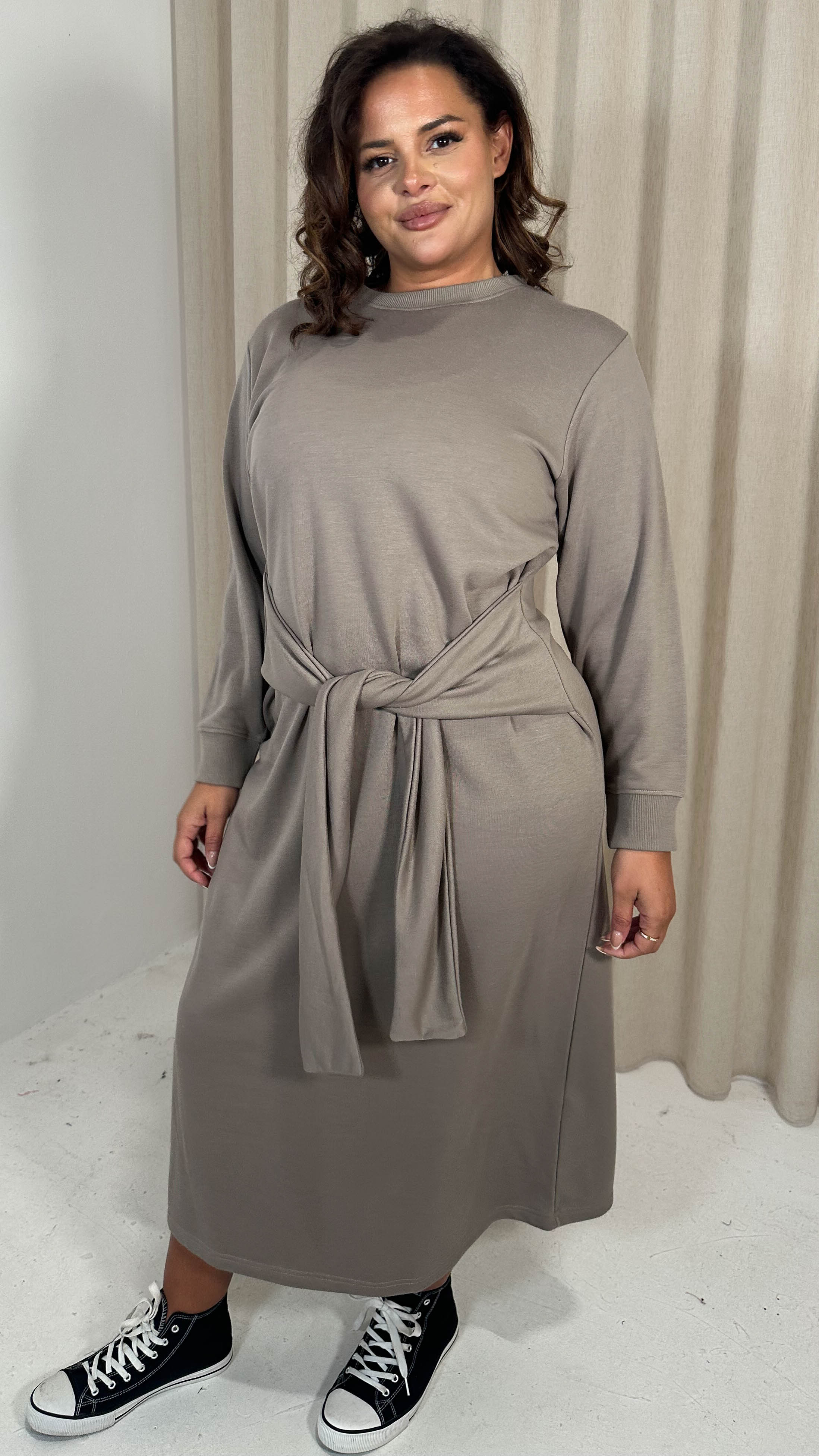 CurveWow Midi Jumper Dress With Tie Waist Beige