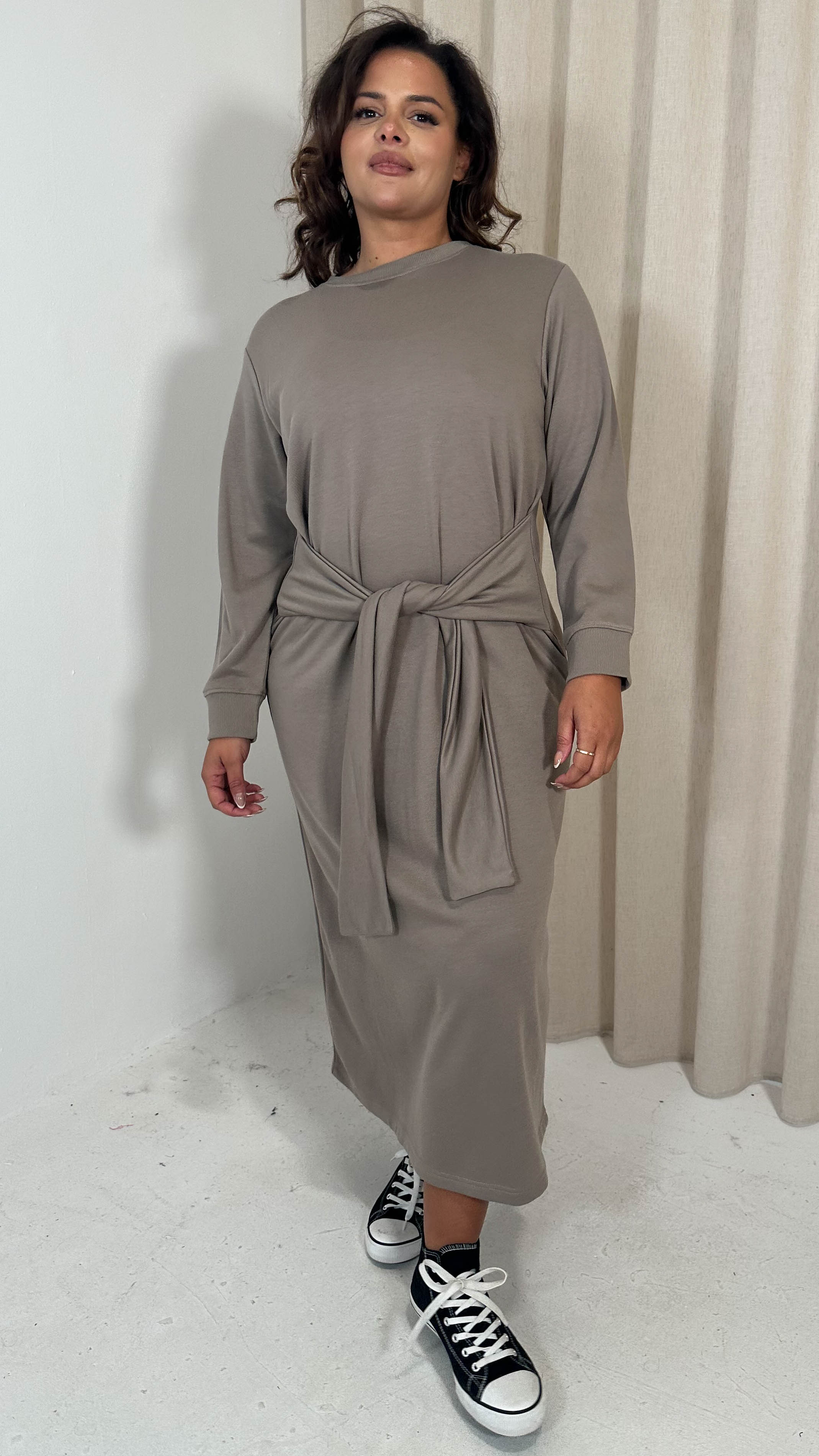 CurveWow Midi Jumper Dress With Tie Waist Beige