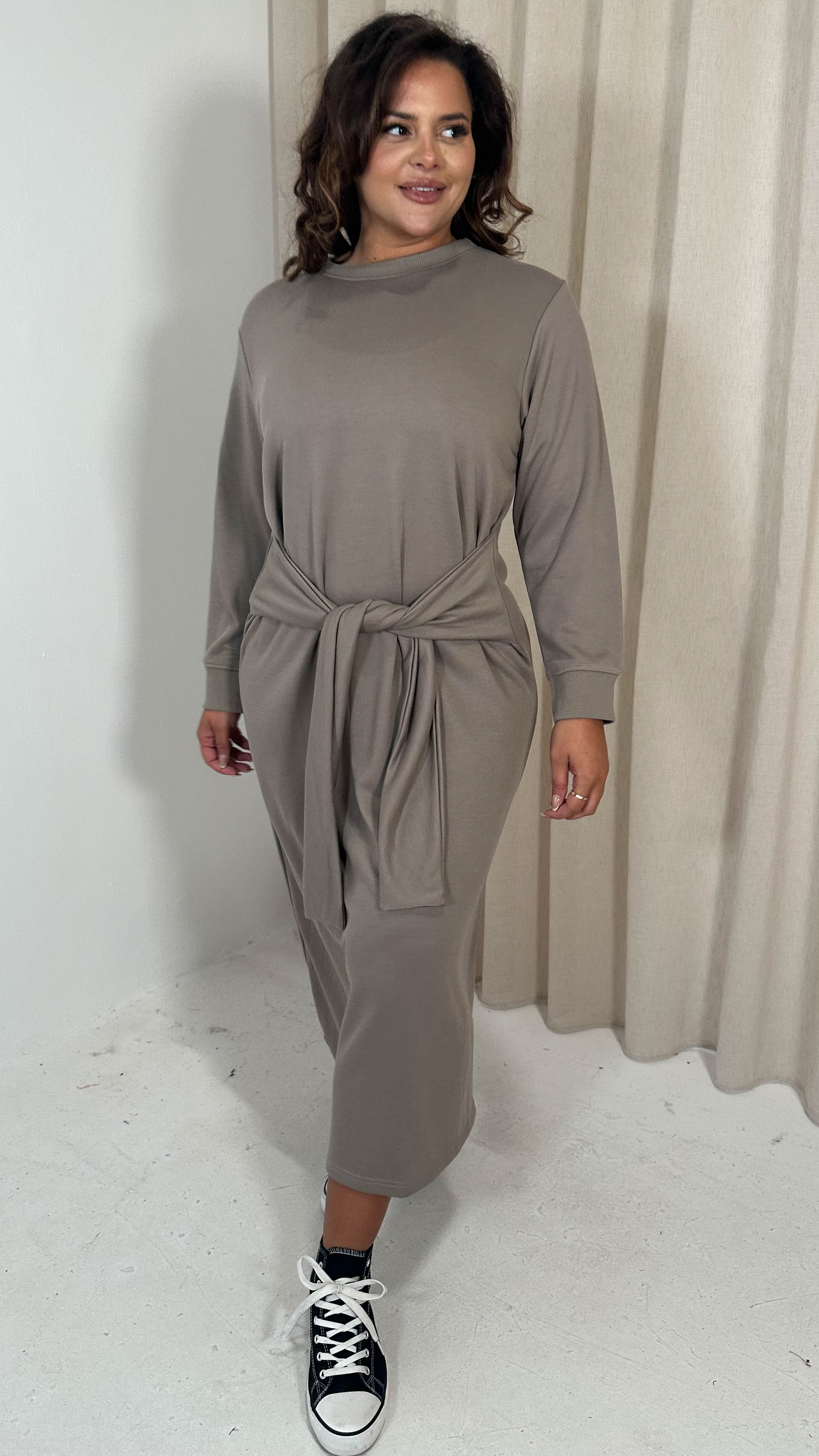 CurveWow Midi Jumper Dress With Tie Waist Beige