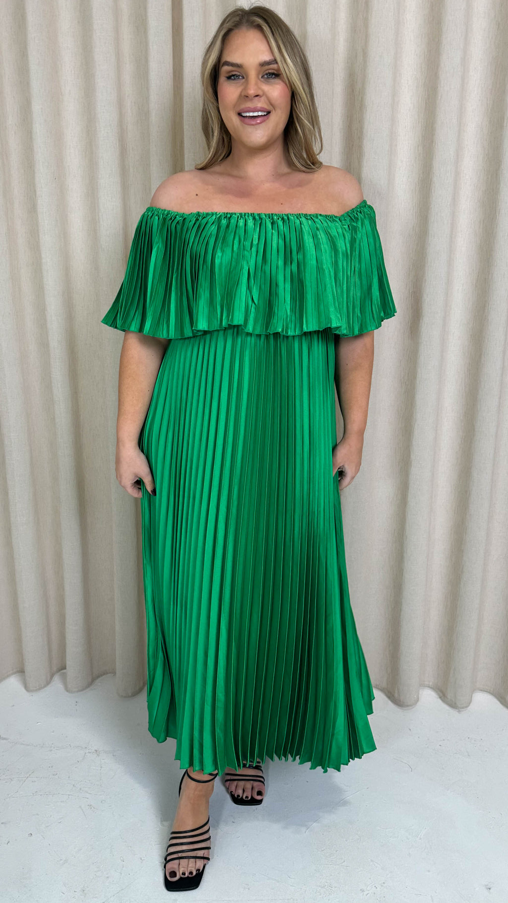CurveWow Pleated Bardot Maxi Dress Emerald Green