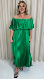CurveWow Pleated Bardot Maxi Dress Emerald Green