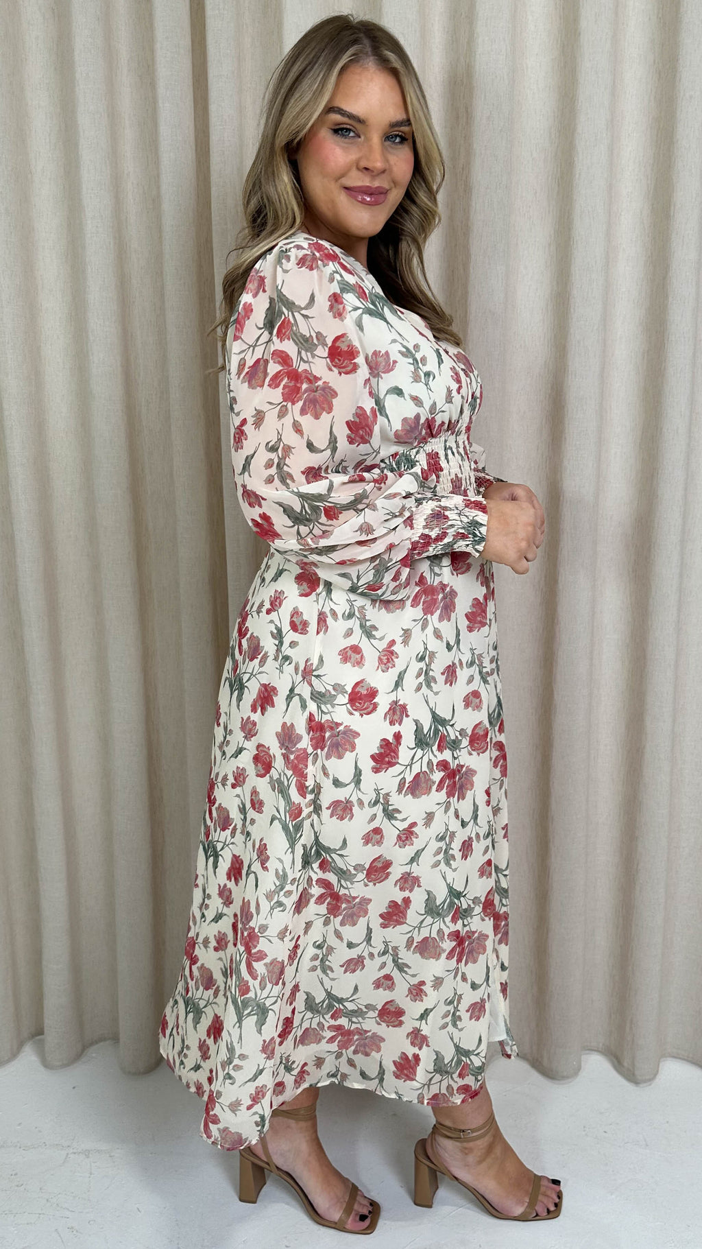 CurveWow Button Front Maxi Dress Ivory Floral