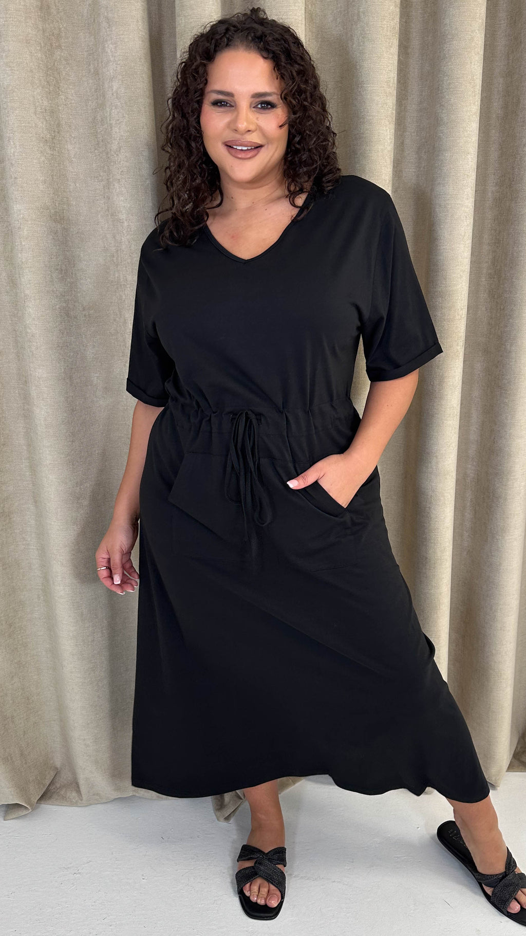 CurveWow Maxi T-Shirt Dress With Drawstring Black