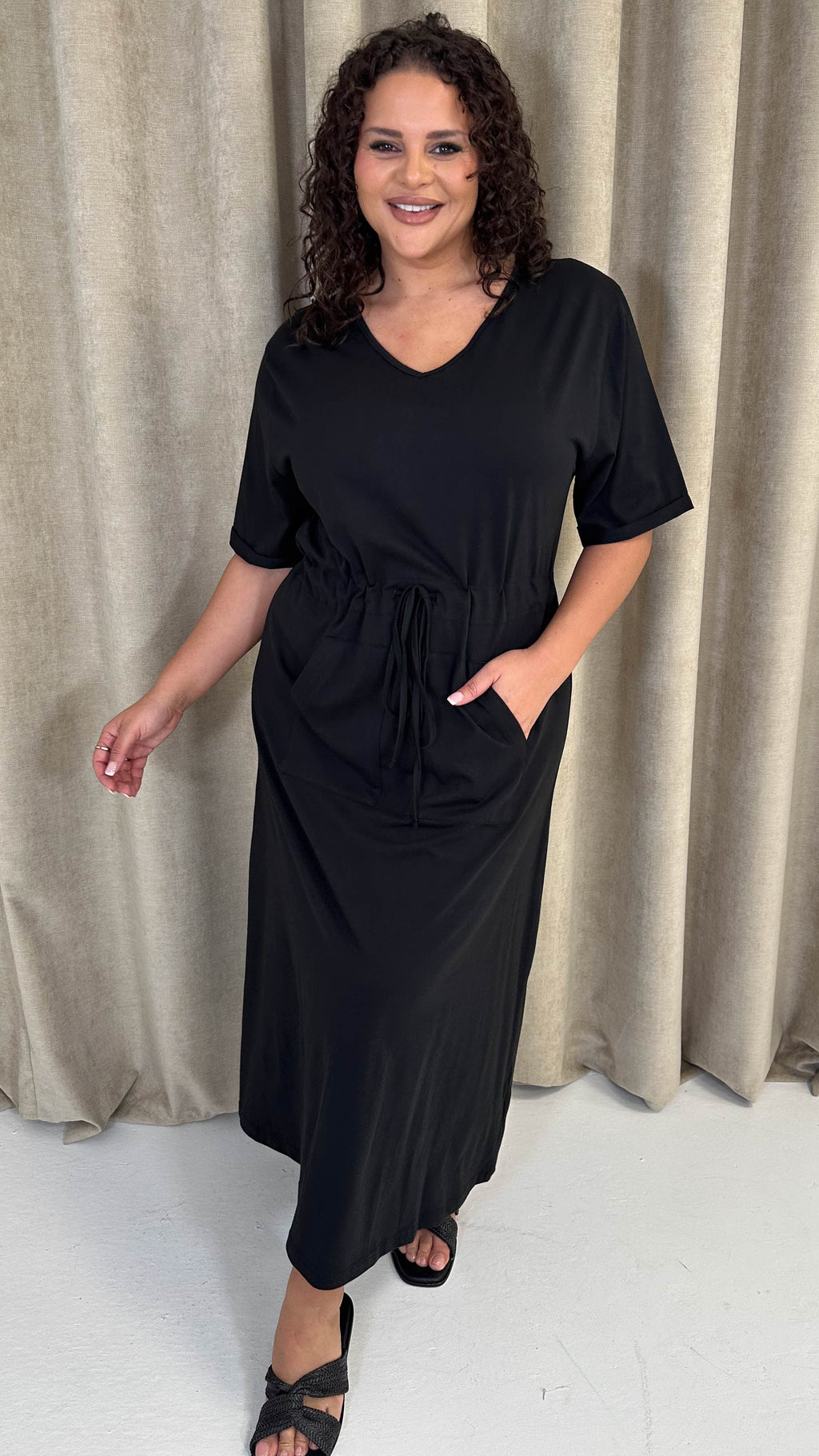 CurveWow Maxi T-Shirt Dress With Drawstring Black