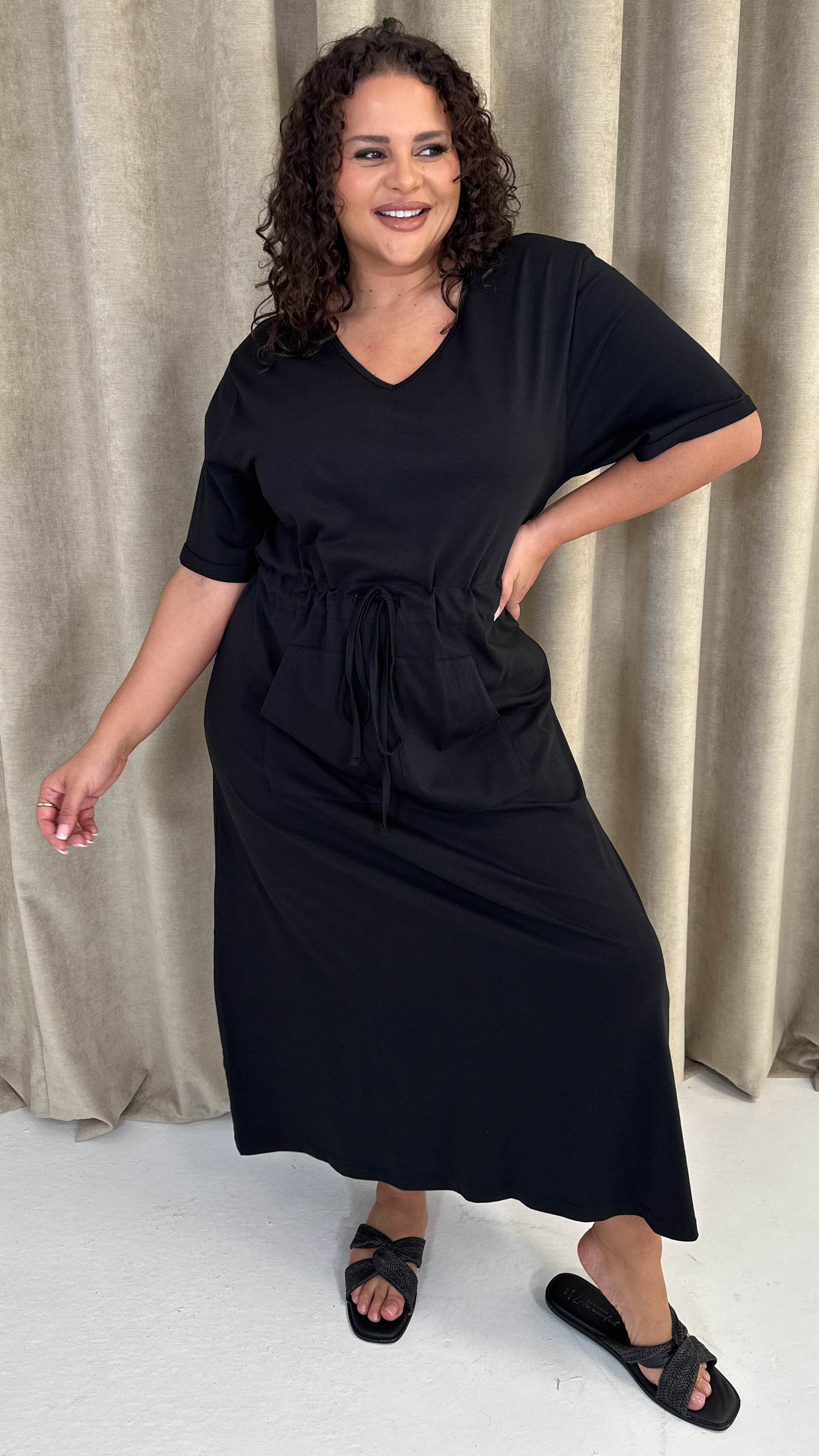 CurveWow Maxi T-Shirt Dress With Drawstring Black