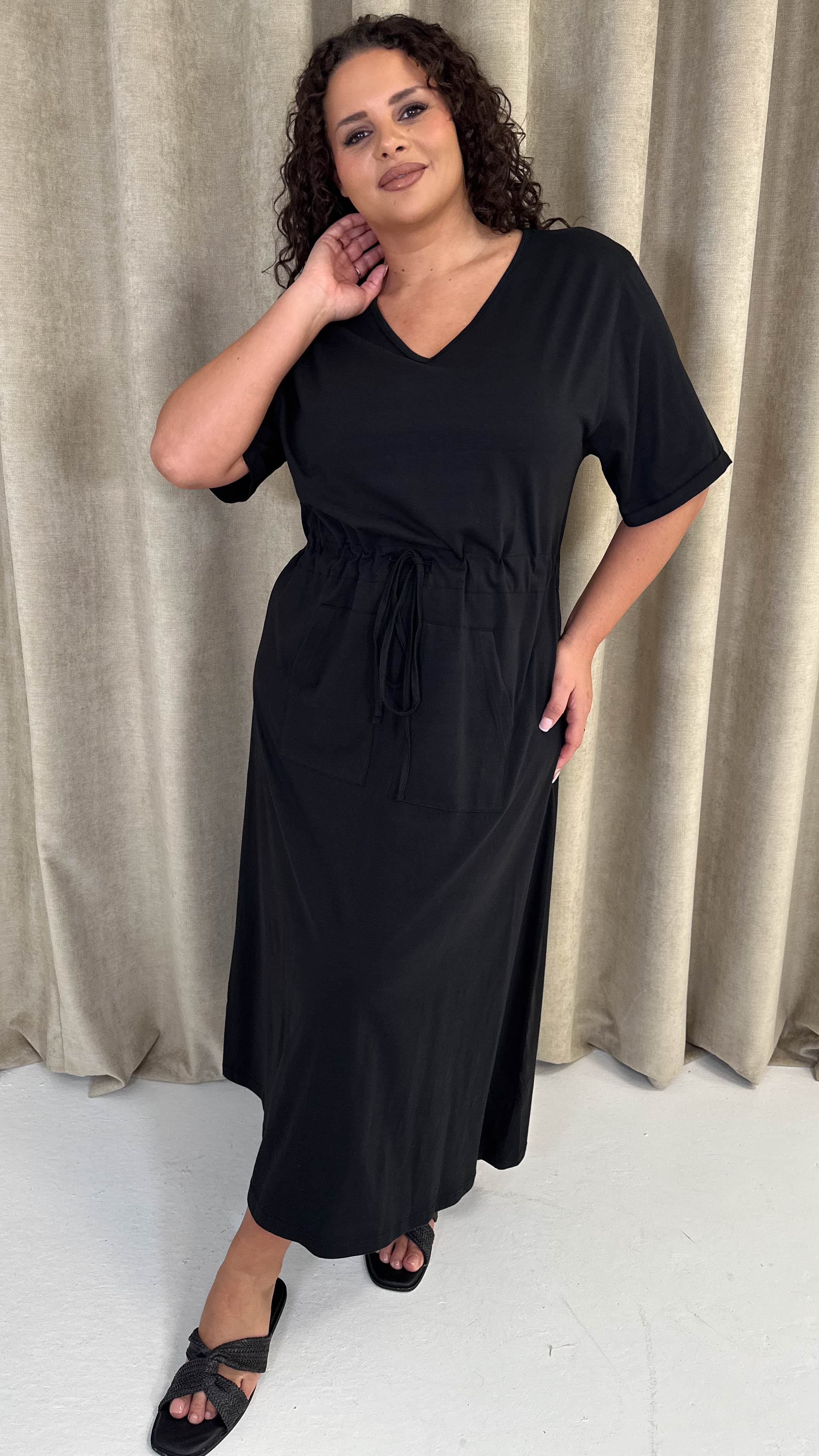 CurveWow Maxi T-Shirt Dress With Drawstring Black