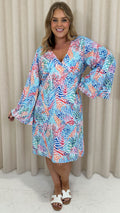CurveWow V Neck Long Angel Sleeve Mini Dress Mixed Animal