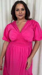 CurveWow Puff Sleeve Vneck Maxi Dress Fuchsia