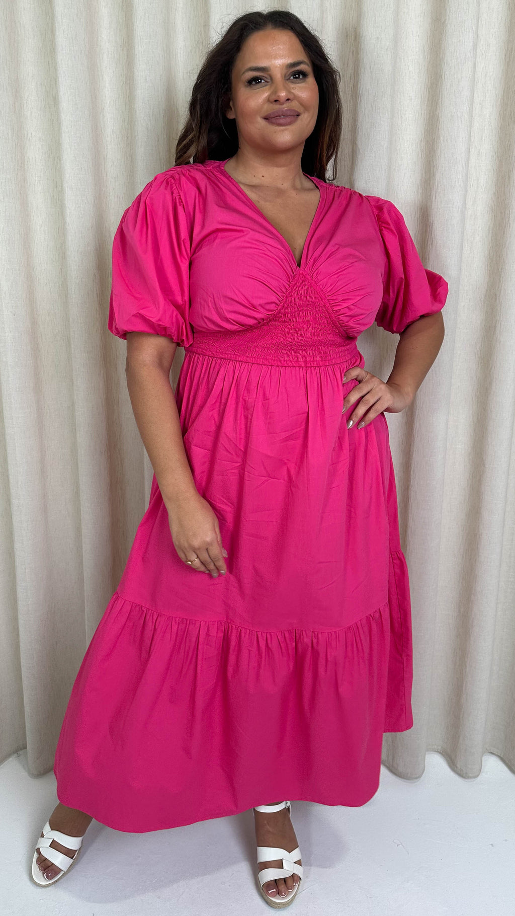 CurveWow Puff Sleeve Vneck Maxi Dress Fuchsia