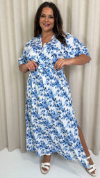 CurveWow Oriental Wrap Maxi Dress Blue Floral
