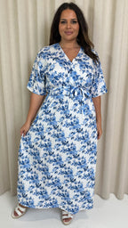 CurveWow Oriental Wrap Maxi Dress Blue Floral