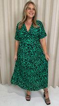 CurveWow Satin Knot Front Maxi Dress Green Animal