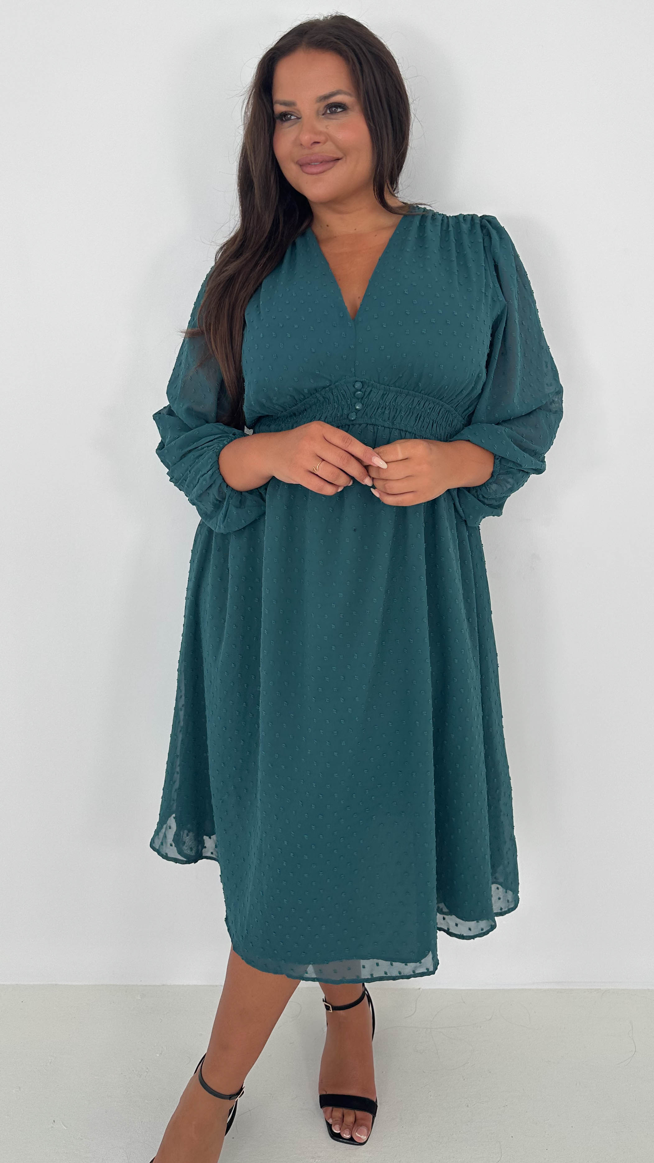 CurveWow Dobby Shirred Bodice Midi Dress Forest Green