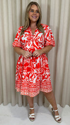 CurveWow Midi Smock Dress Red Tile