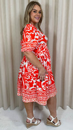CurveWow Midi Smock Dress Red Tile