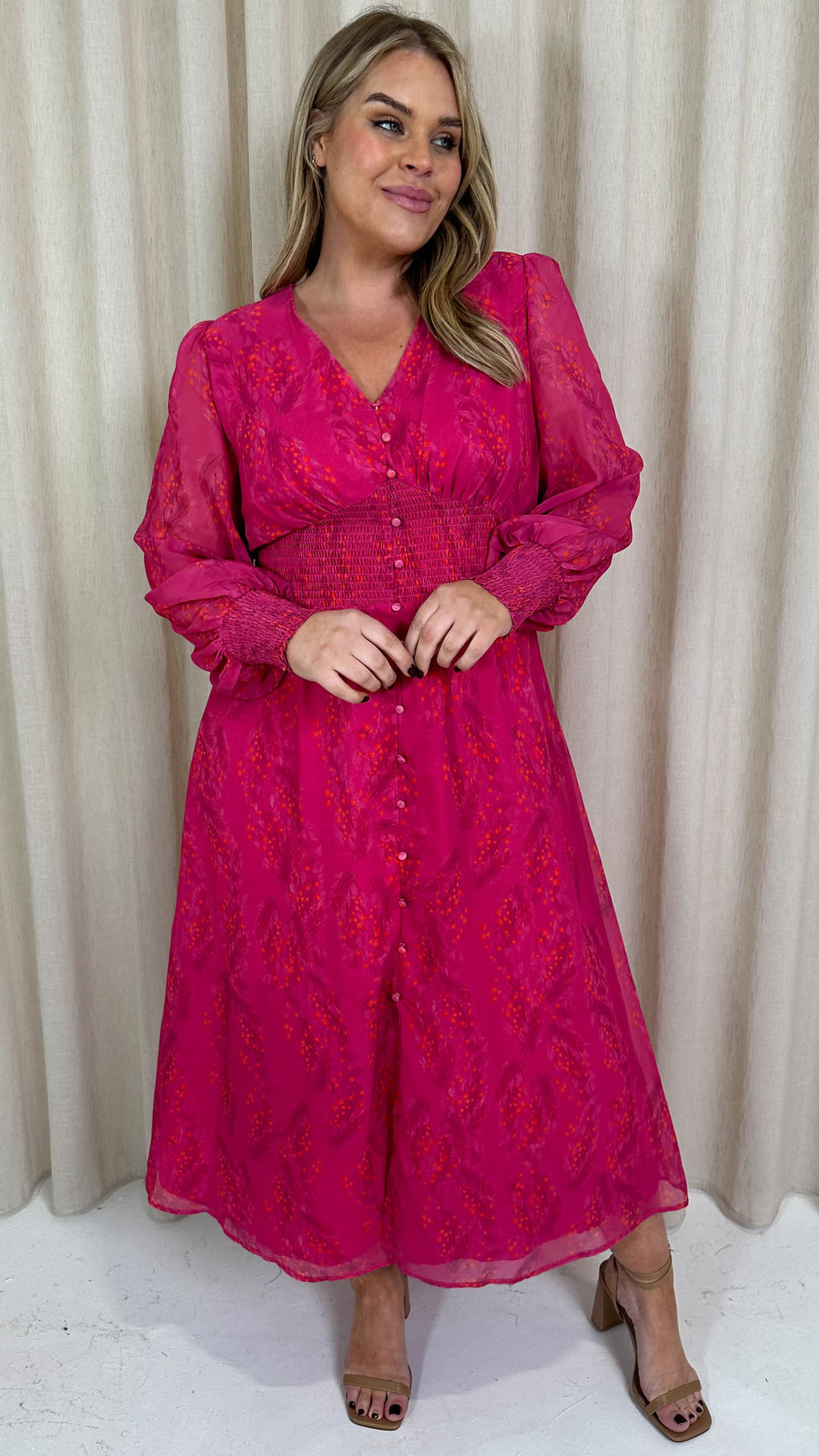 CurveWow Button Front Maxi Dress Magenta Floral