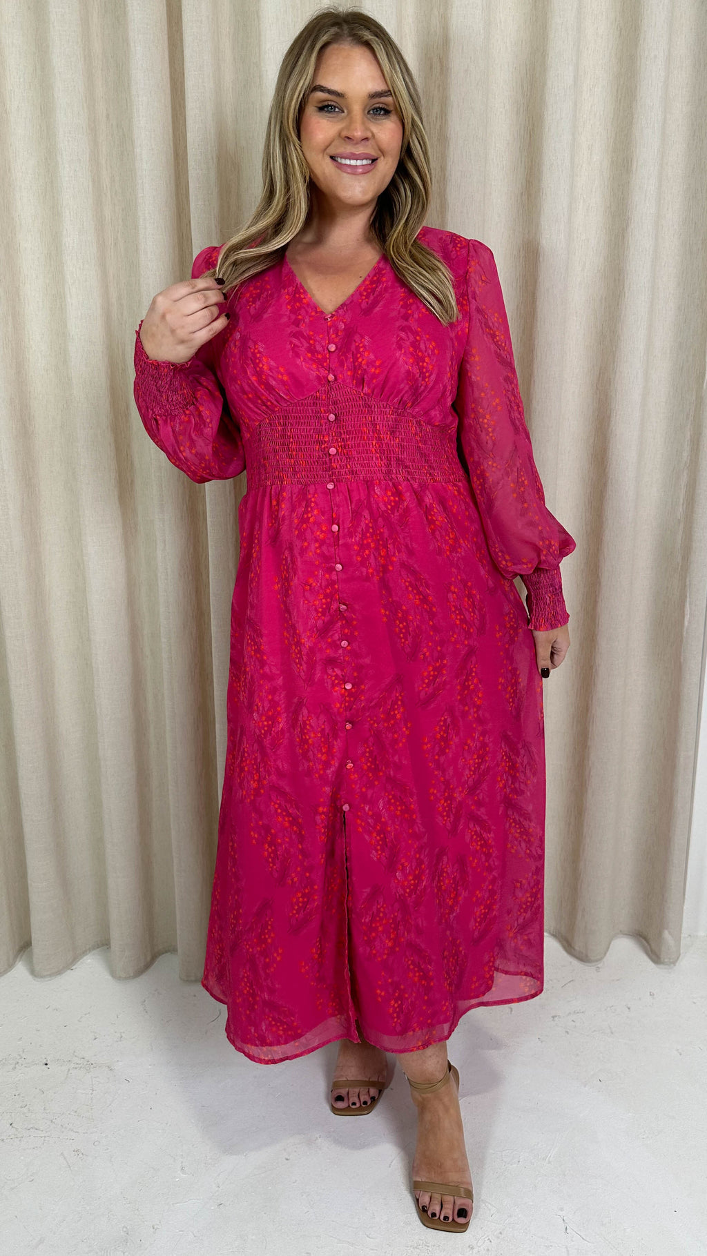 CurveWow Button Front Maxi Dress Magenta Floral