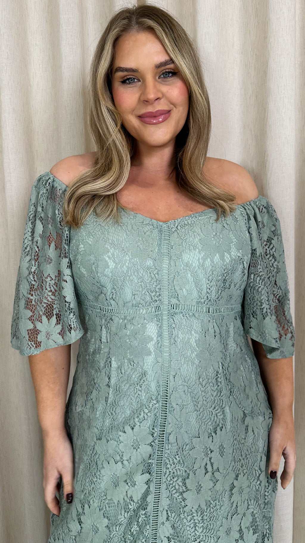 CurveWow Lace Frill Hem Midaxi Dress Sage Green