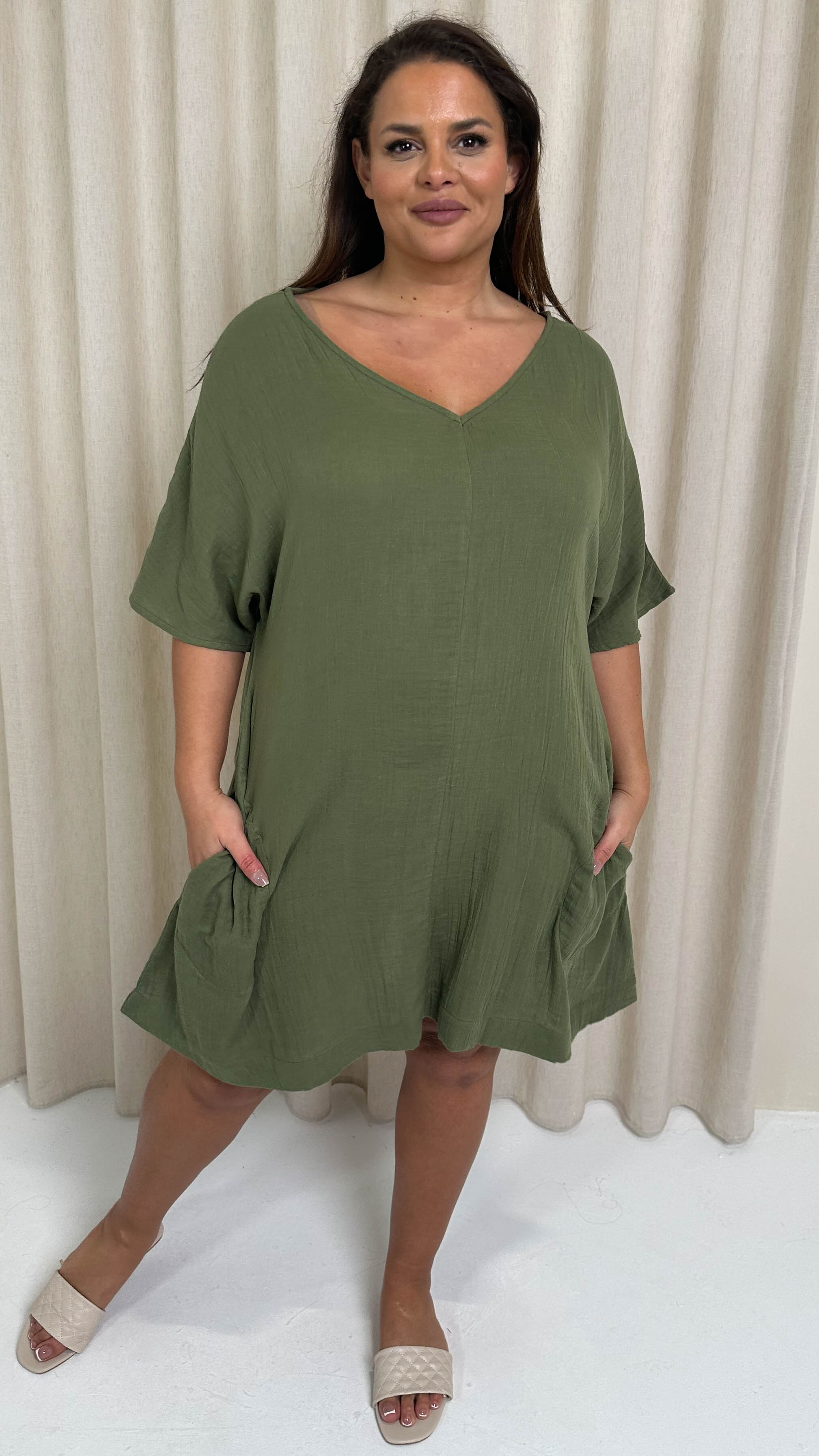 CurveWow Cotton Pocket Dress Khaki