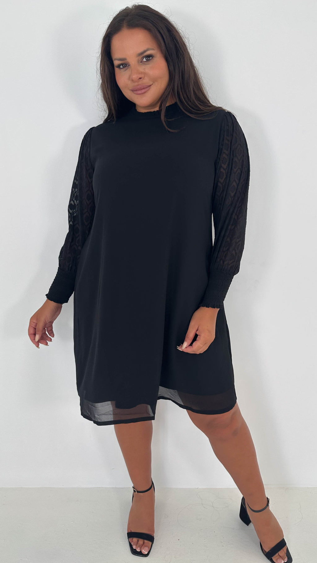 CurveWow Black Sheer Sleeve Shift Dress