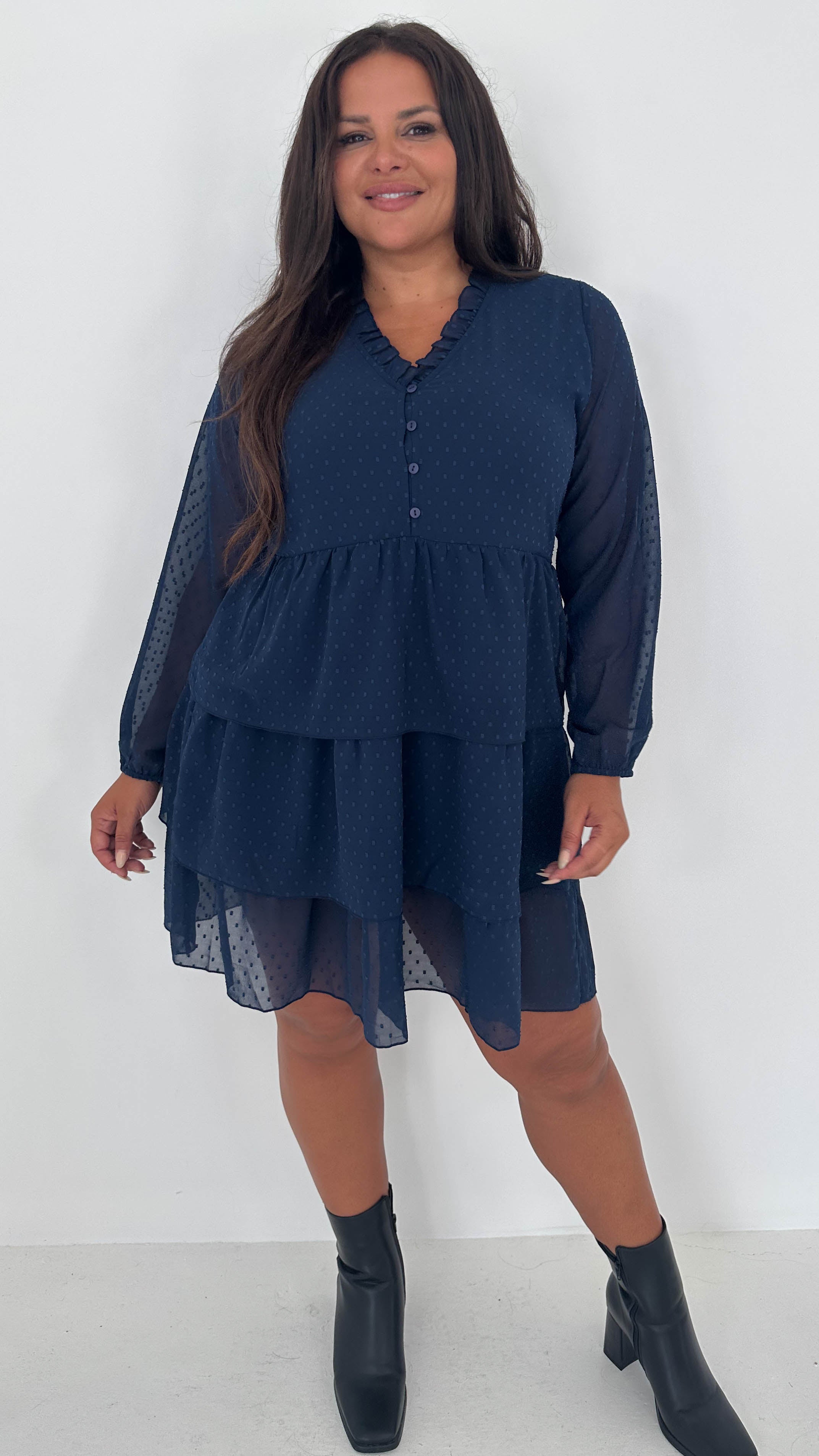 CurveWow Tiered Mini Dress Navy