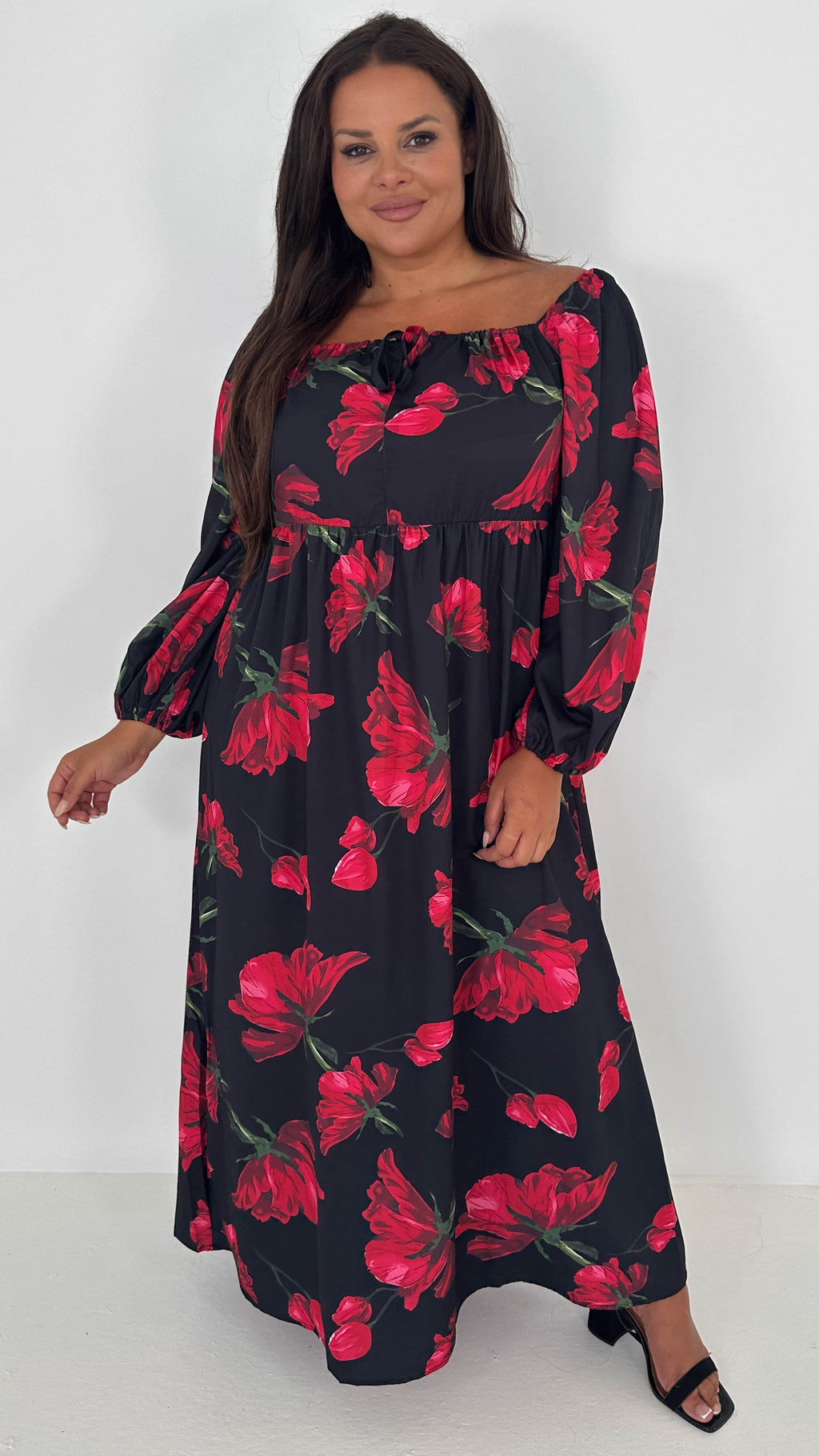 CurveWow Square Neck Maxi Dress Black & Red Floral
