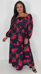 CurveWow Square Neck Maxi Dress Black & Red Floral