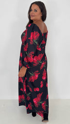 CurveWow Square Neck Maxi Dress Black & Red Floral