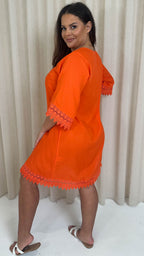 CurveWow Lace Trim Button Front Tunic Dress Red/Orange