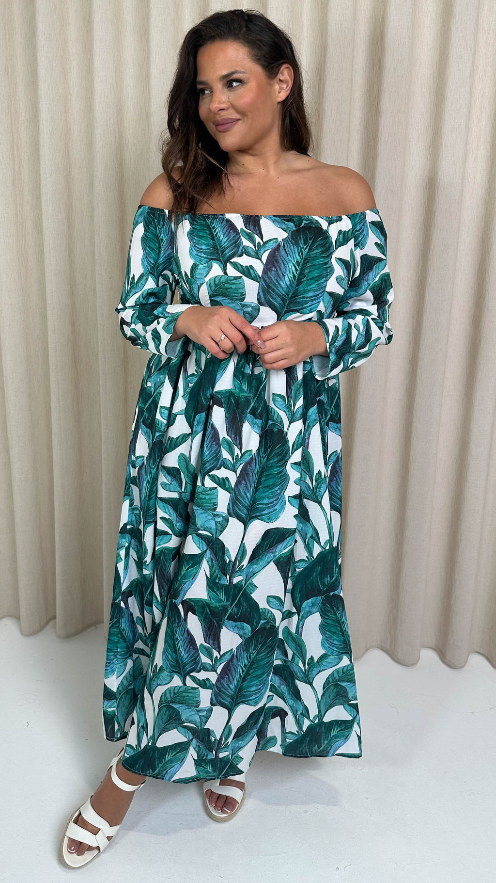 CurveWow Printed Bardot Maxi Dress Leaf Print