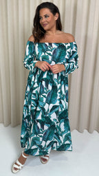 CurveWow Printed Bardot Maxi Dress Leaf Print