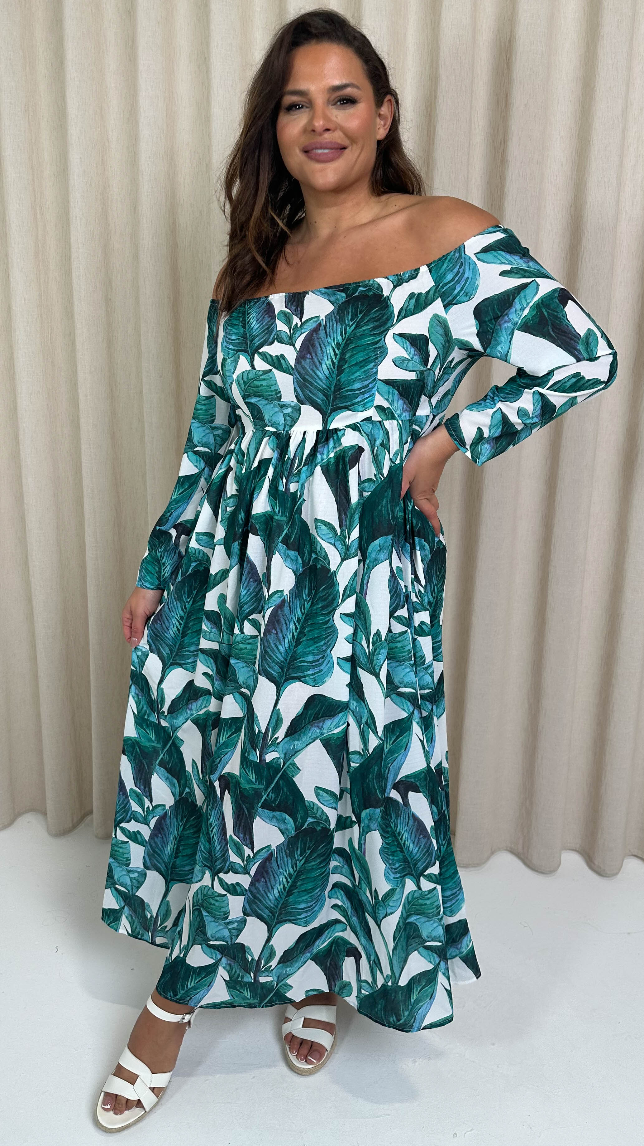 CurveWow Printed Bardot Maxi Dress Leaf Print