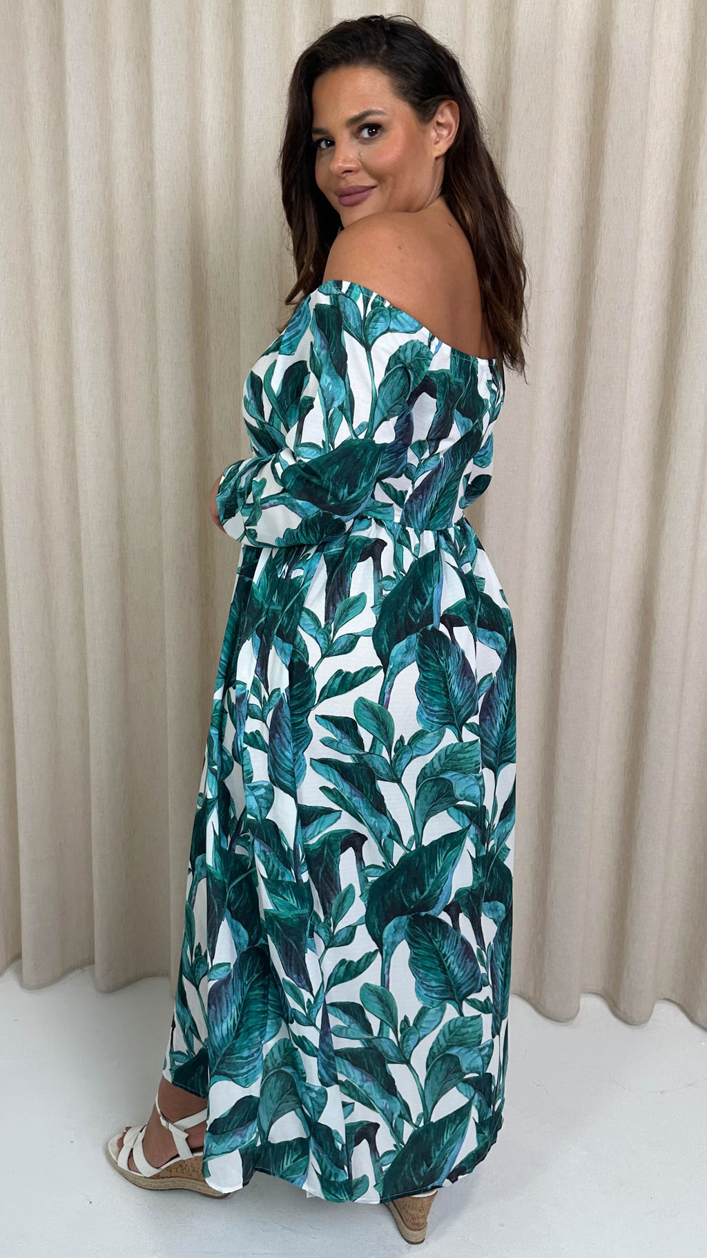 CurveWow Printed Bardot Maxi Dress Leaf Print