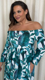 CurveWow Printed Bardot Maxi Dress Leaf Print