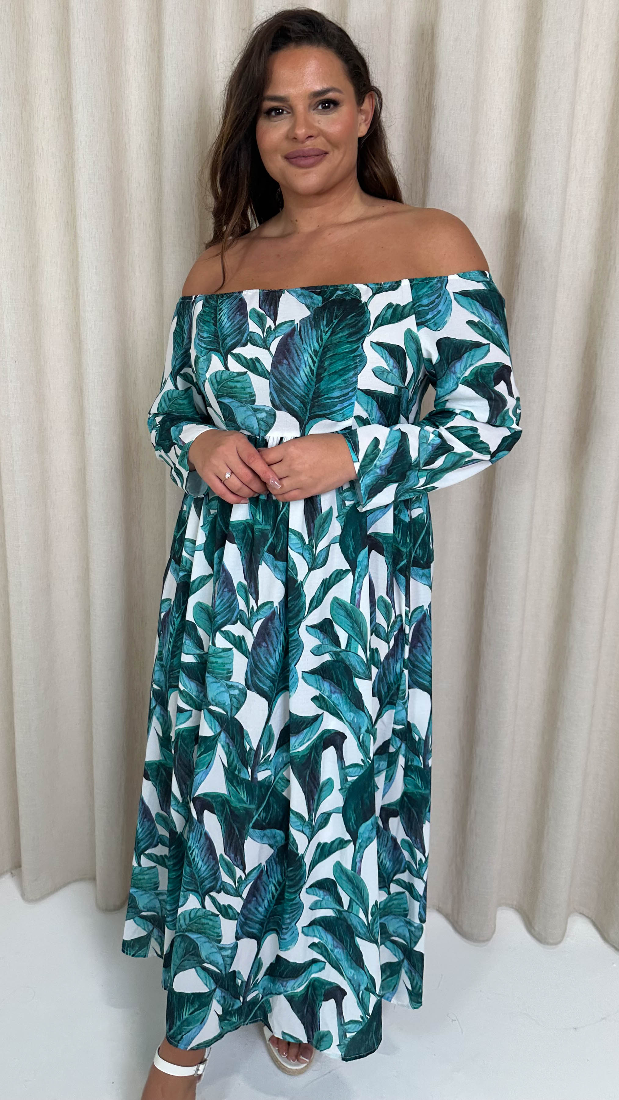 CurveWow Printed Bardot Maxi Dress Leaf Print