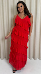 CurveWow Ruffle Tiered Maxi Dress Red