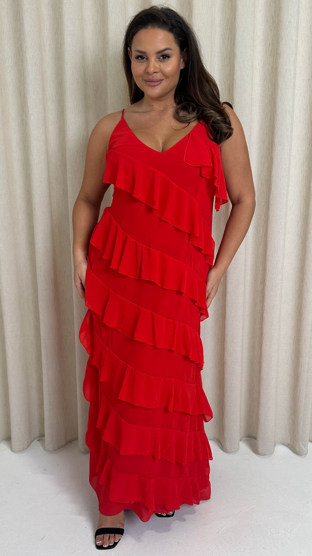 CurveWow Ruffle Tiered Maxi Dress Red