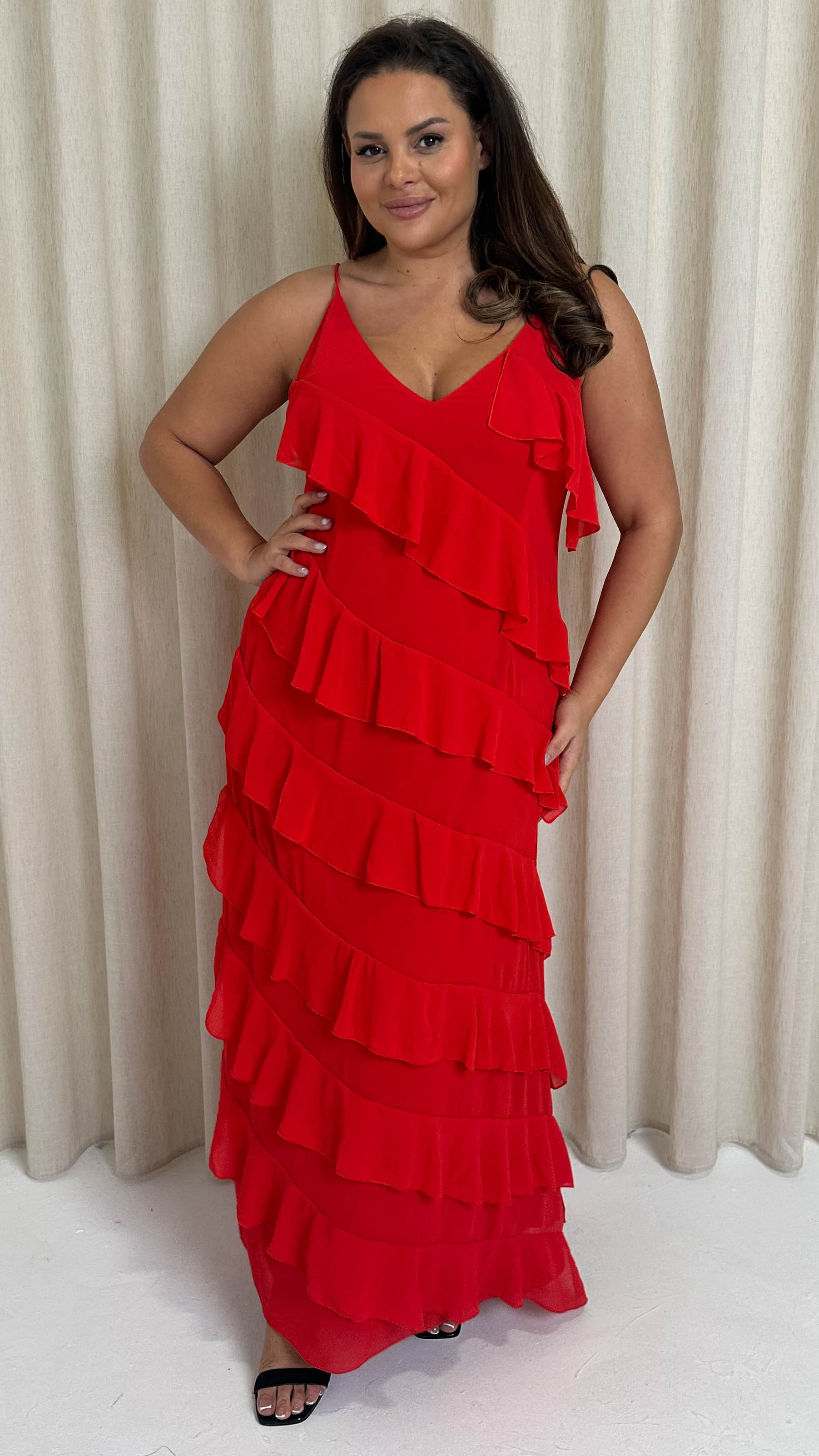 CurveWow Ruffle Tiered Maxi Dress Red
