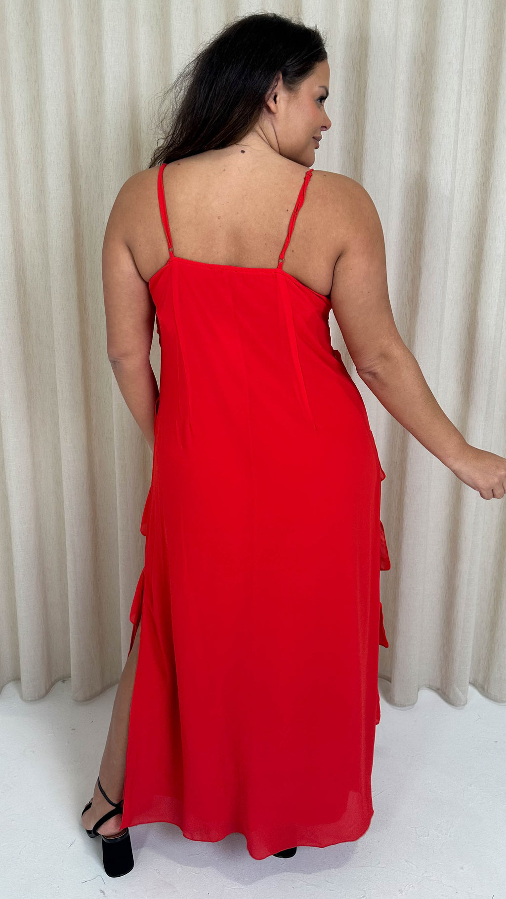 CurveWow Ruffle Tiered Maxi Dress Red