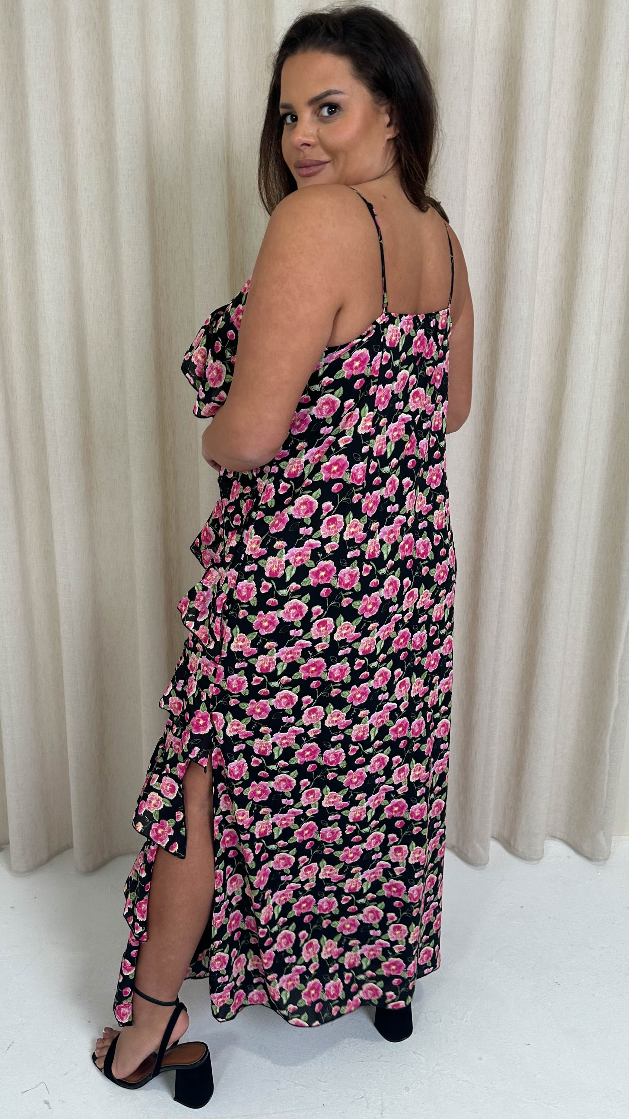 CurveWow Ruffle Tiered Maxi Dress Black Floral
