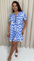 CurveWow Printed Tie Front Smock Dress Blue Aztec