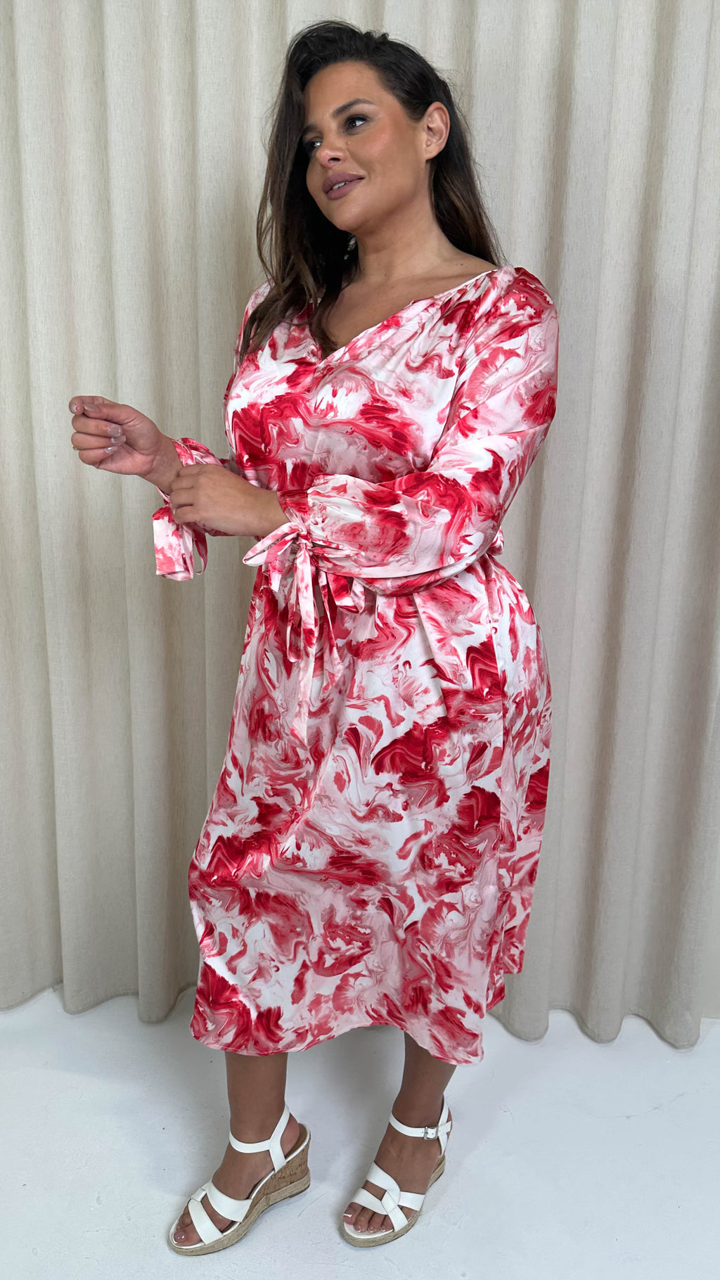 CurveWow V Neck Tie Waist Dress Red Marble